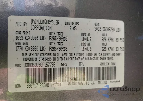 2006 Dodge Durango Limited z USA, uszkodzony, nr VIN 1D8HB58256F157725